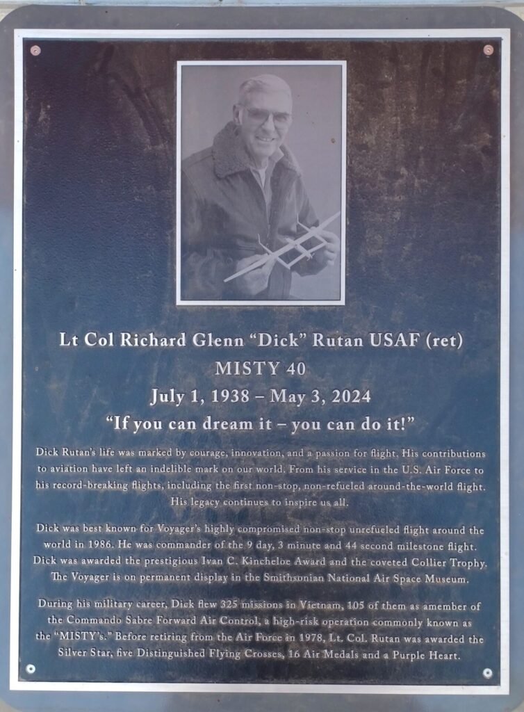 LT COL RICHARD GLENN “DICK” RUTAN USAF (RET) WAR MEMORIAL PLAQUE
