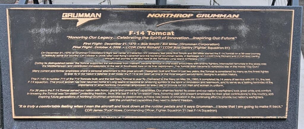 F-14 TOMCAT MEMORIAL AIRCRAFT PLAQUE A