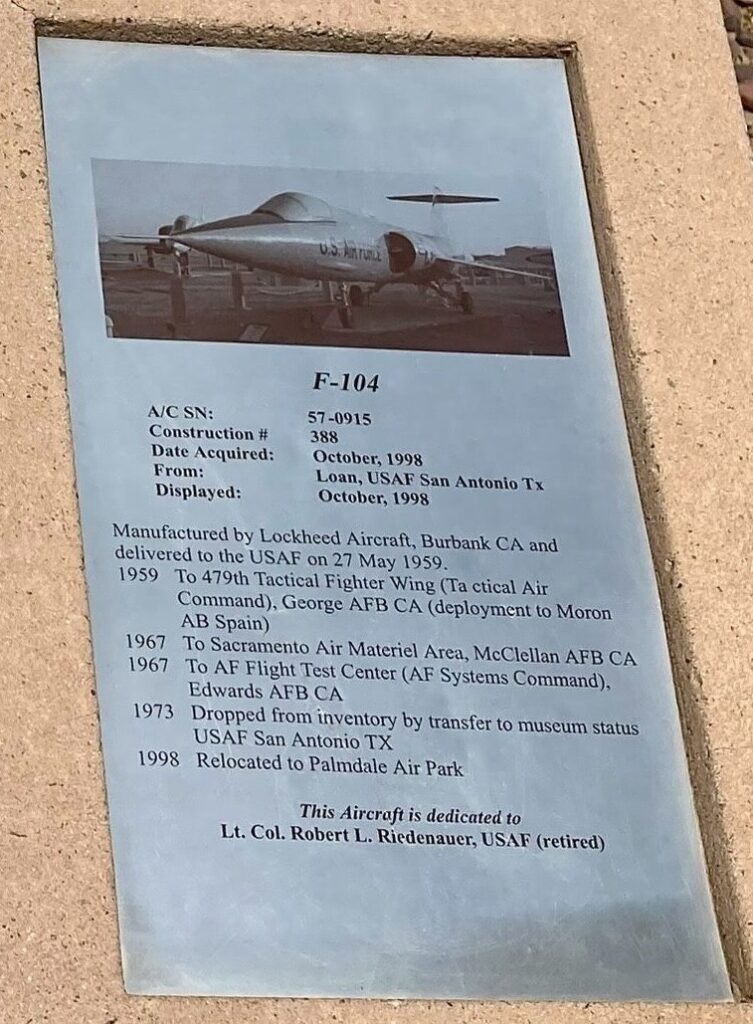COL. ROBERT L. RIEDENAUER F-104 WAR MEMORIAL PLAQUE C