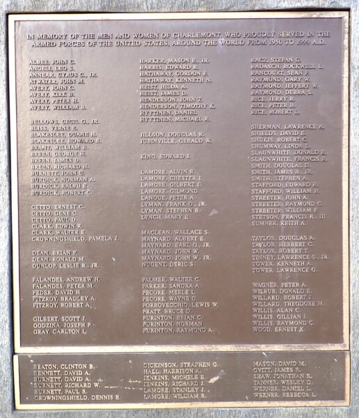 CHARLEMONT 1950-1999 ARMED FORCES VETERANS MEMORIAL PLAQUE