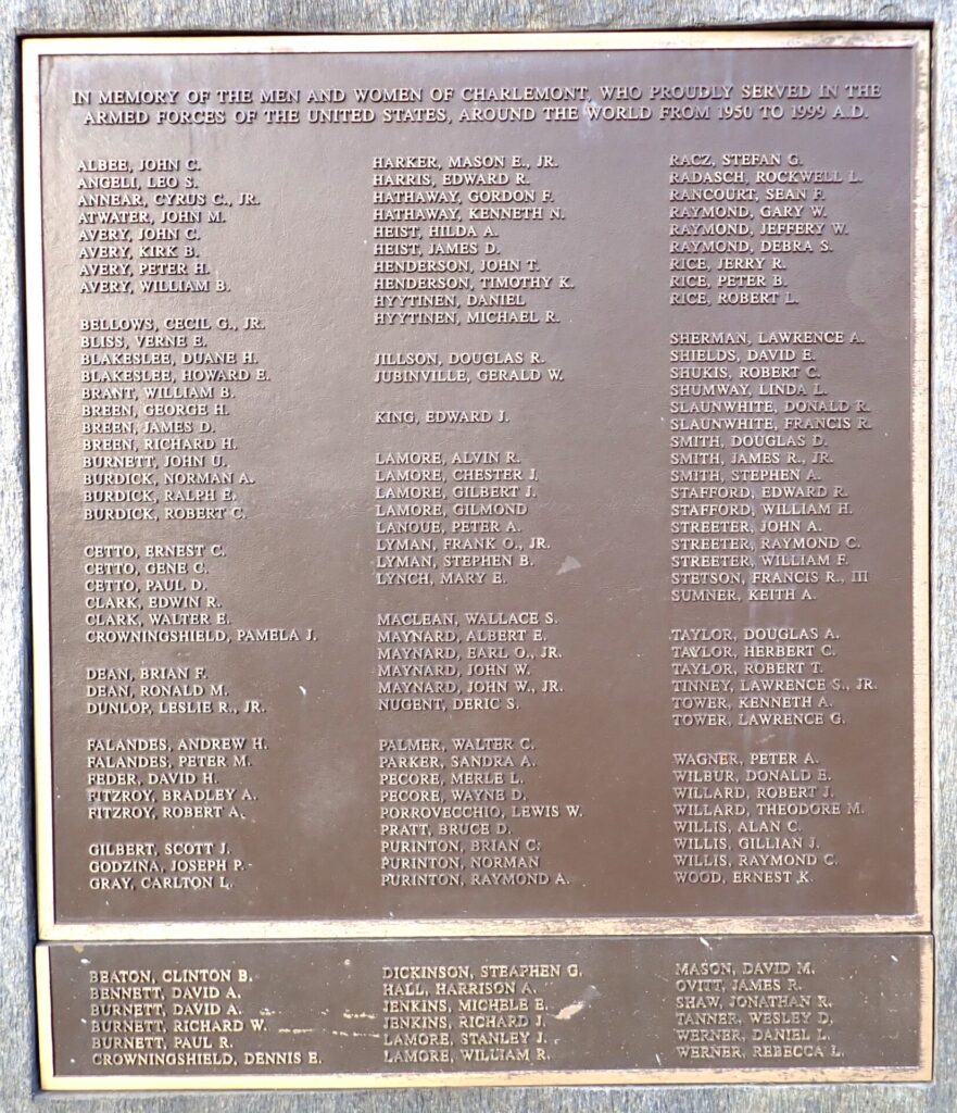 CHARLEMONT 1950-1999 ARMED FORCES VETERANS MEMORIAL PLAQUE