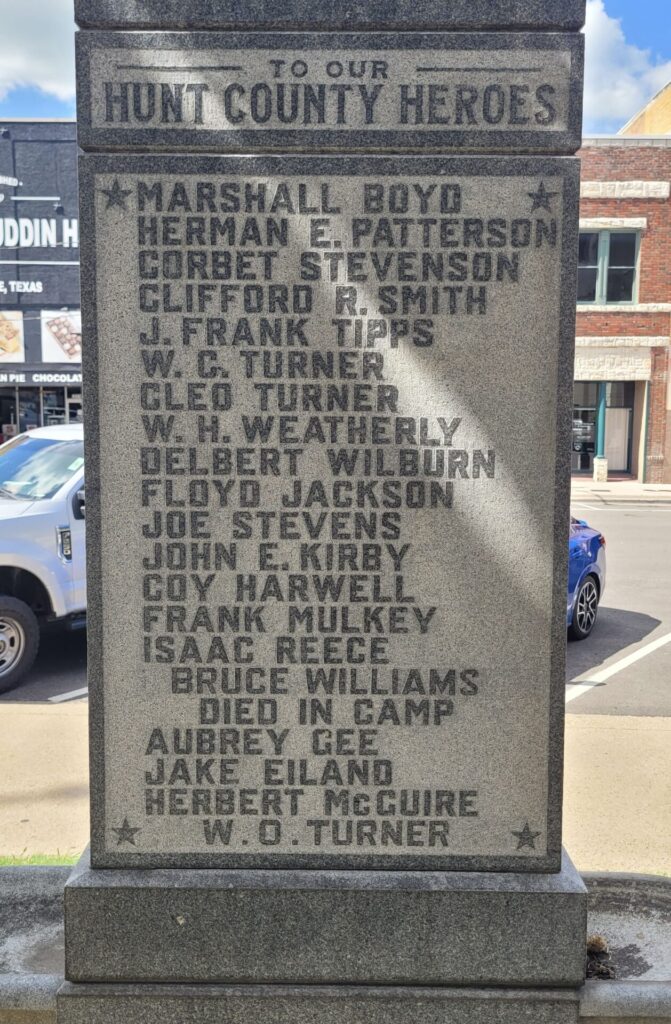 TO OUR HUNT COUNTY HEROES WORLD WAR MEMORIAL BACK
