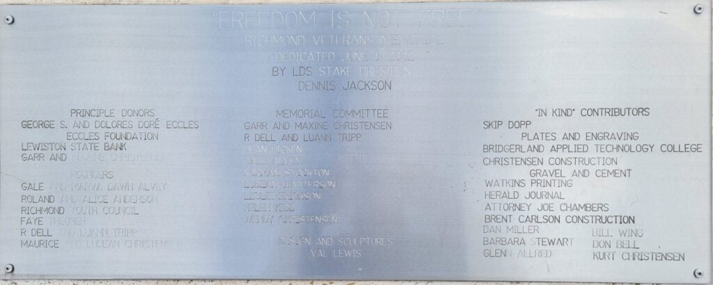 “FREEDOM IS NOT FREE” RICHMOND VETERANS MEMORIAL FLAGPOLE PLAQUE