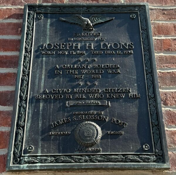 JOSEPH H. LYONS WAR MEMORIAL PLAQUE