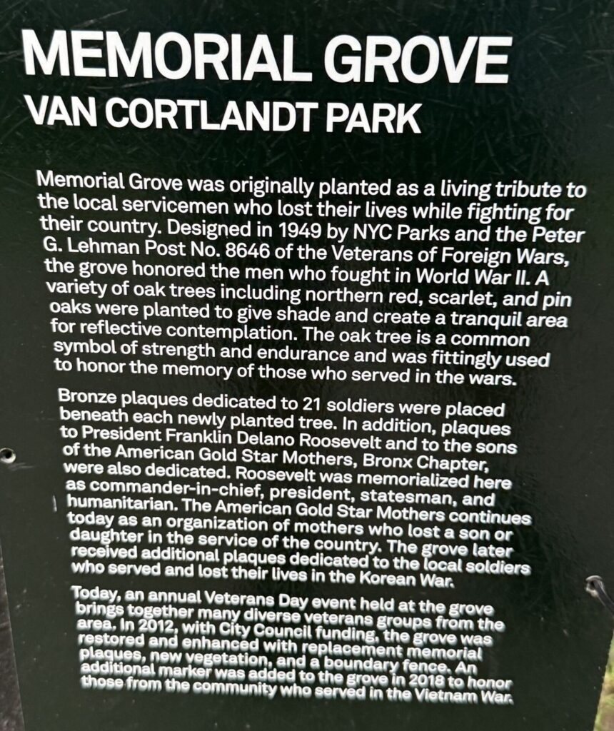 MEMORIAL GROVE VAN CORTLANDT PARK PLAQUE