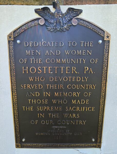 HOSTETTER, PA ALL WARS MEMORIAL PLAQUE