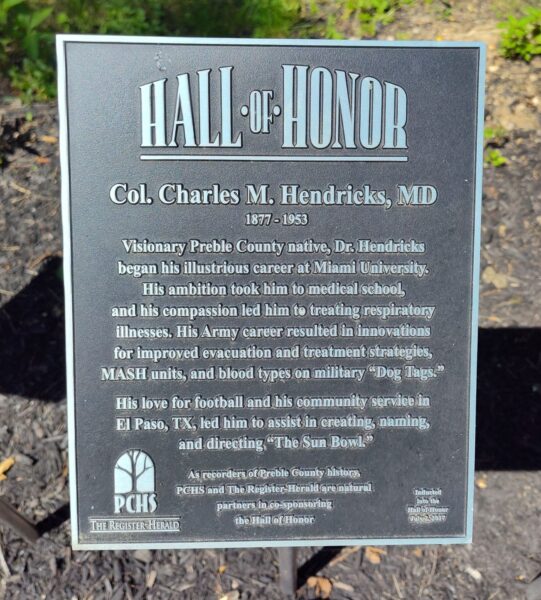 COL. CHARLES M. HENDRICKS, MD MEMORIAL PLAQUE