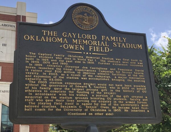 THE GAYLORD FAMILY OKLAHOMA MEMORIAL STADIUM MARKER FRONT