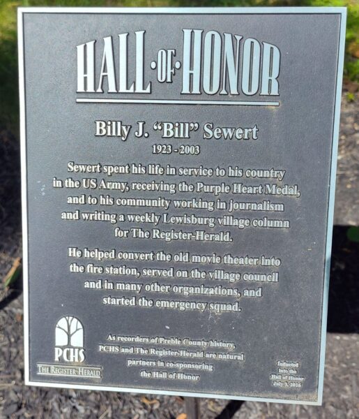 BILLY J “BILL” SEWERT WAR MEMORIAL PLAQUE