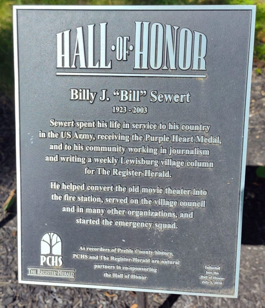 BILLY J “BILL” SEWERT WAR MEMORIAL PLAQUE