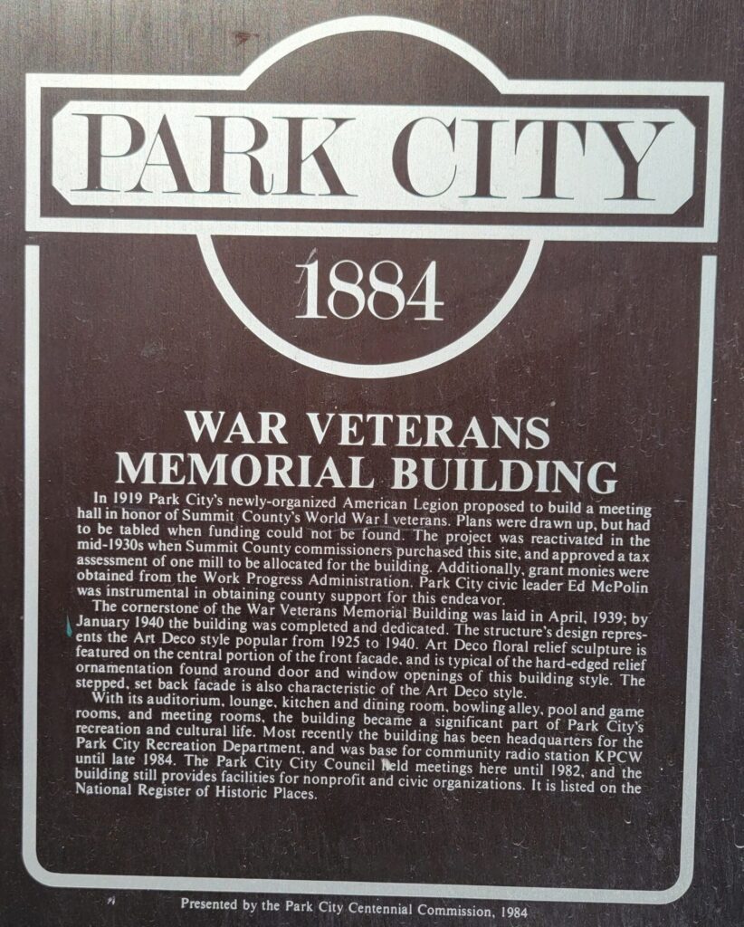 PARK CITY WAR VETERANS MEMORILA BUILDING PLAQUE