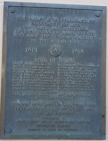 ADAIR COUNTY WORLD WAR MEMORIAL PLAQUE