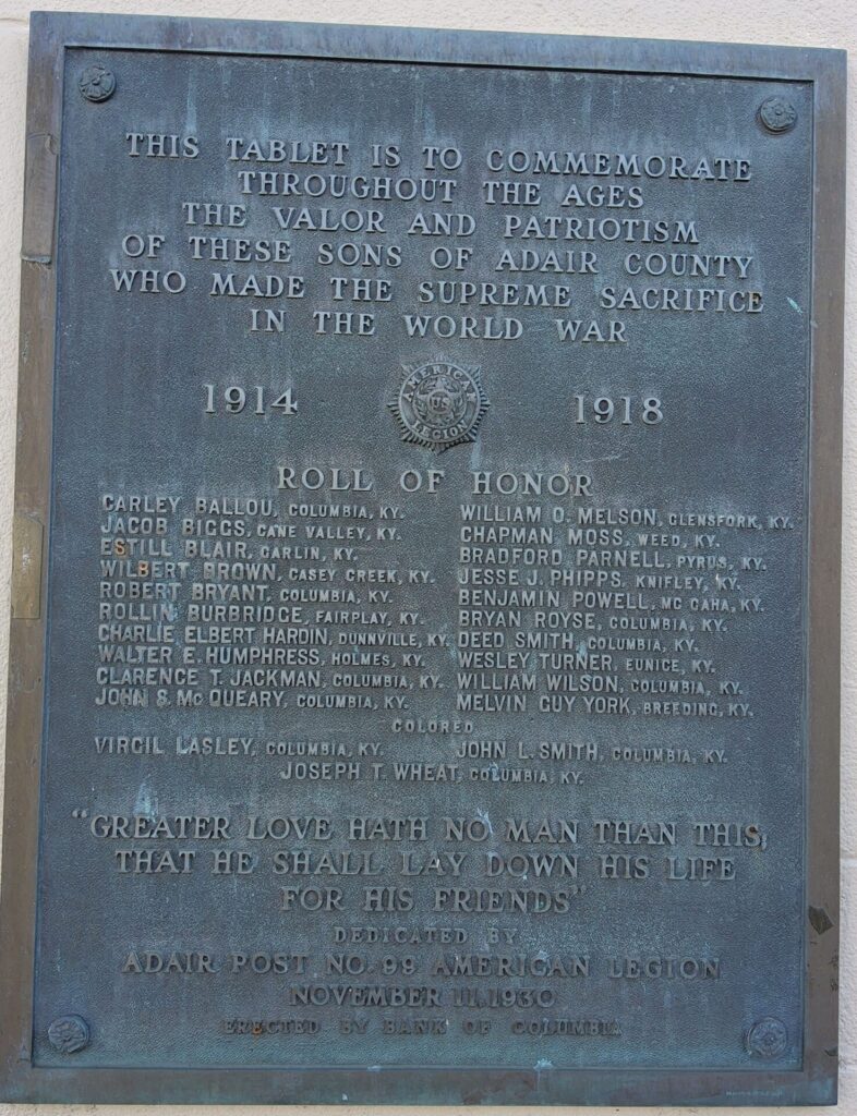 ADAIR COUNTY WORLD WAR MEMORIAL PLAQUE