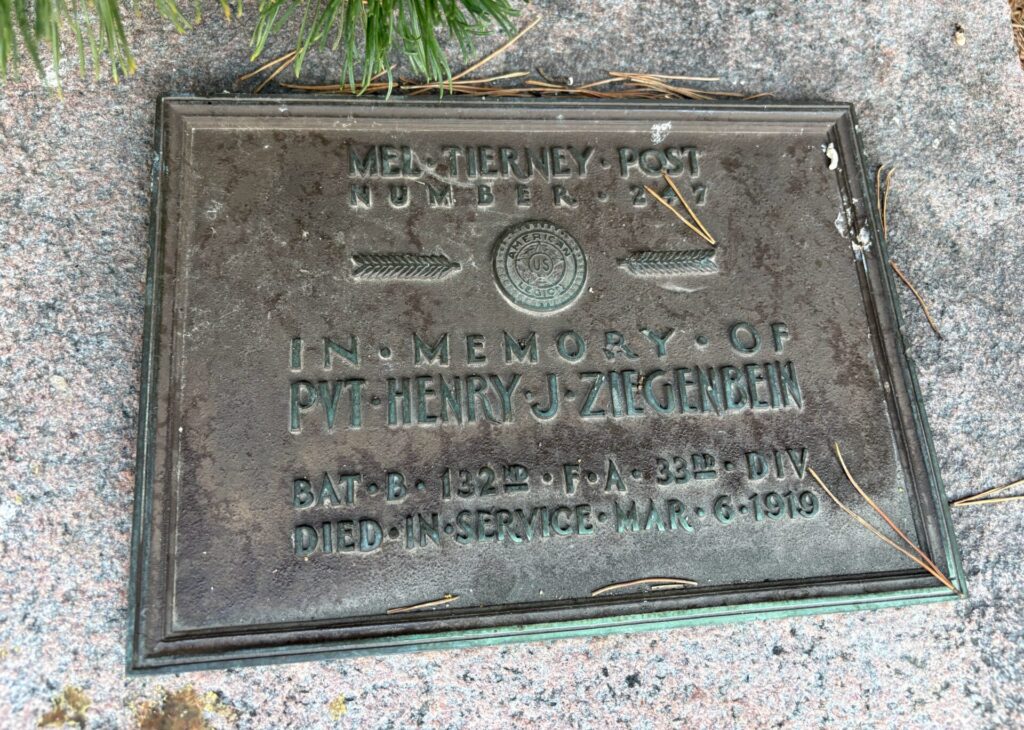 PVT. HENRY J. ZIEGENBEIN WAR MEMORIAL PLAQUE