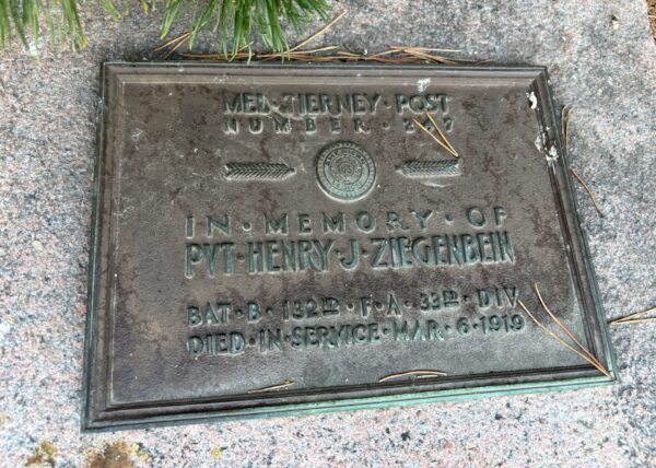 PVT. HENRY J. ZIEGENBEIN WAR MEMORIAL PLAQUE