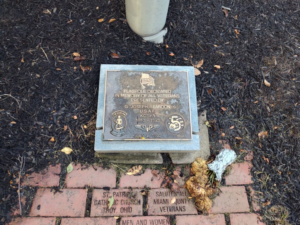 G. JOSEPH REARDON ALL VETERANS MEMORIAL FLAGPOLE PLAQUE