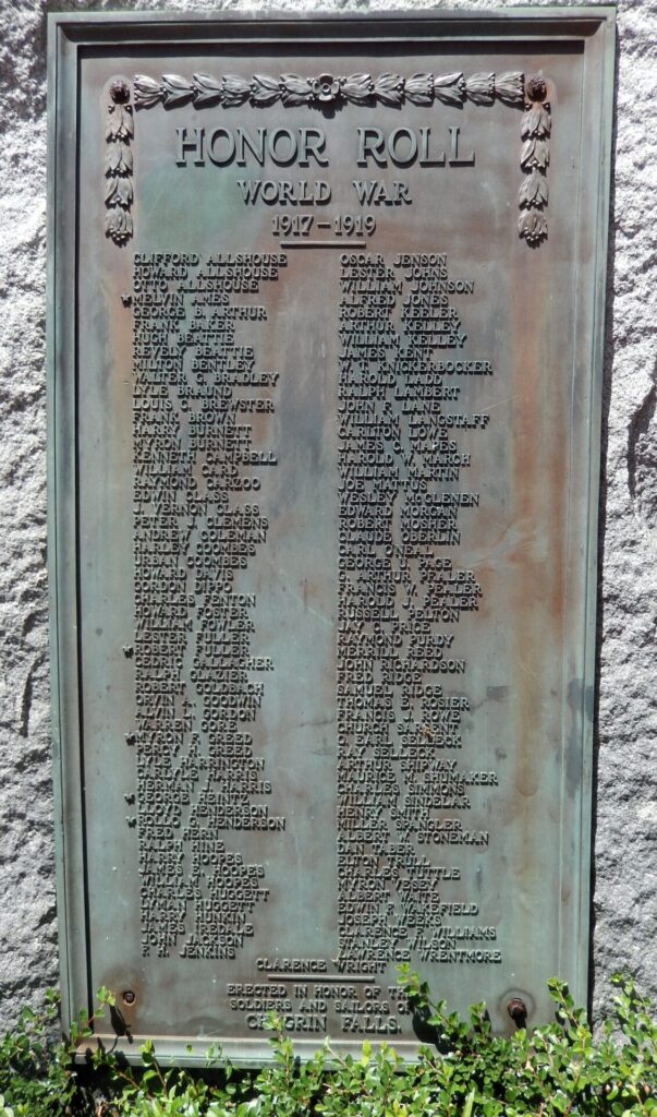 CHAGRIN FALLS WORLD WAR VETERANS MEMORIAL PLAQUE