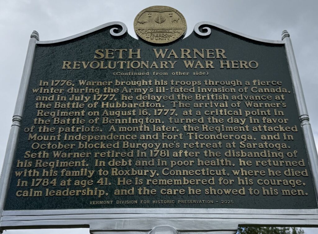 SETH WARNER REVOLUTIONARY WAR HERO MEMORIAL MARKER BACK