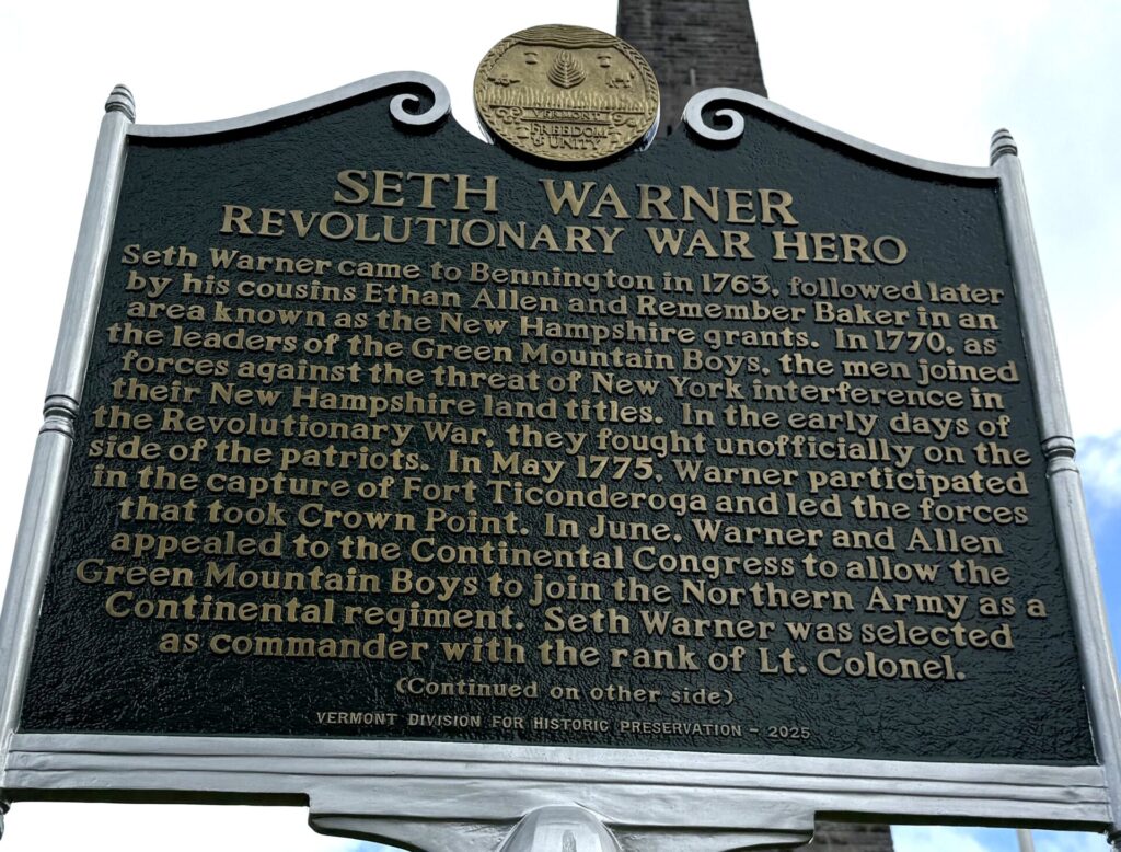 SETH WARNER REVOLUTIONARY WAR HERO MEMORIAL MARKER FRONT