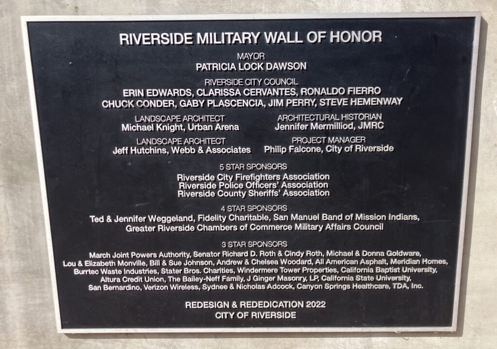 RIVERSIDE MILITARY WALL OF HONOR WAR MEMORIAL PLAQUE