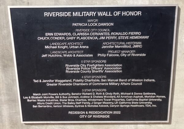 RIVERSIDE MILITARY WALL OF HONOR WAR MEMORIAL PLAQUE