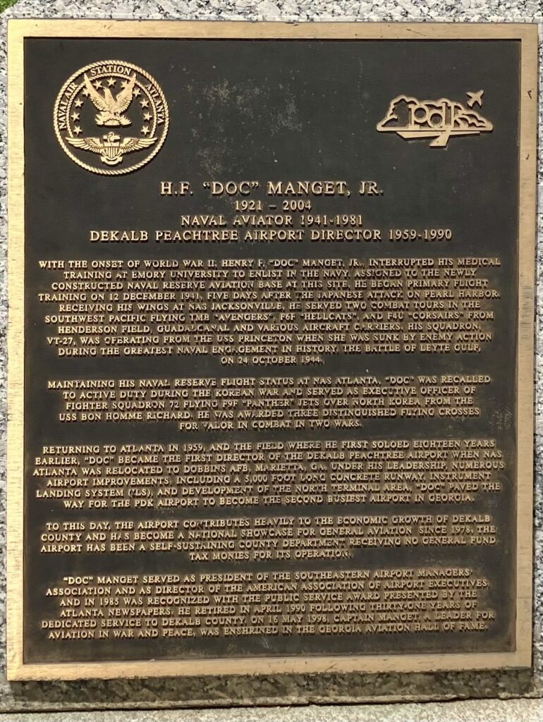 H.F. “DOC” MANGET JR. WAR MEMORIAL PLAQUE