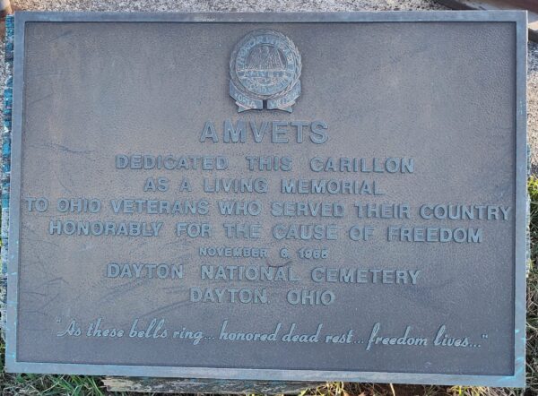 DAYTON NATIONAL CEMETERY AMVETS CARILLON WAR MEMORIAL PLAQUE
