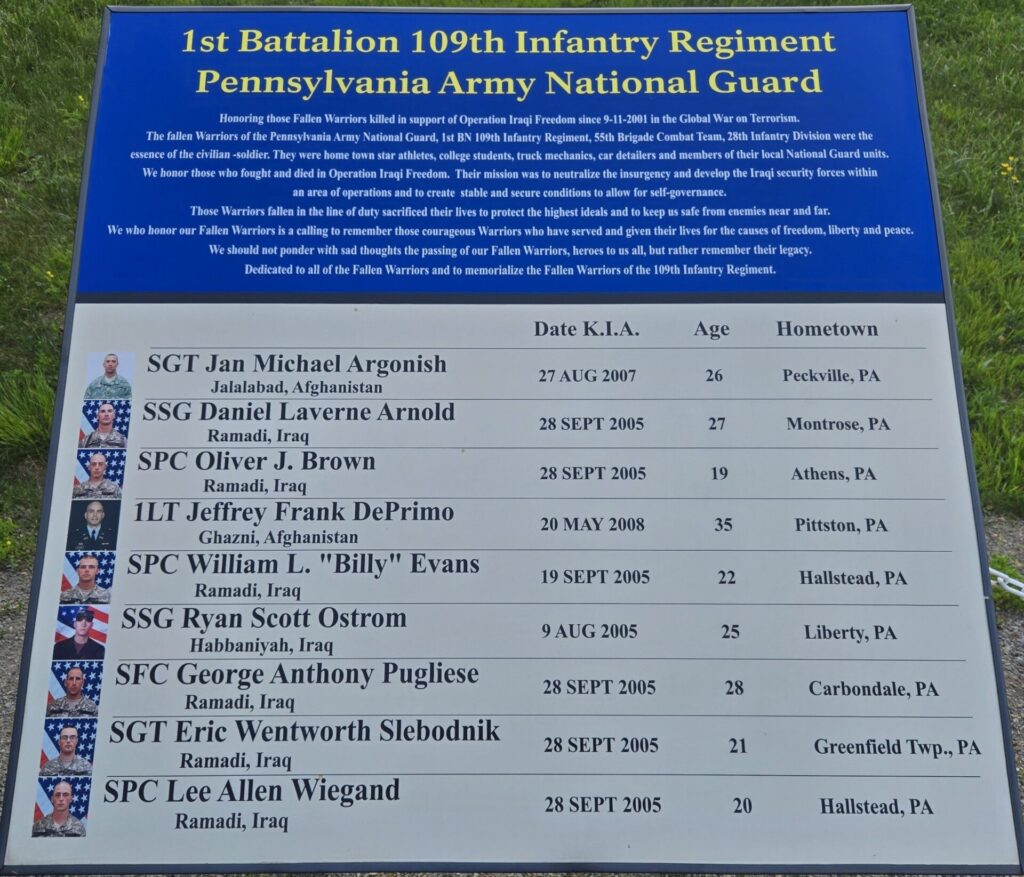 1ST BATTALION 109TH INFANTRY REGIMENT PENNSYLVANIA ARMY NATIONAL GUARD MEMORIAL PLAQUE