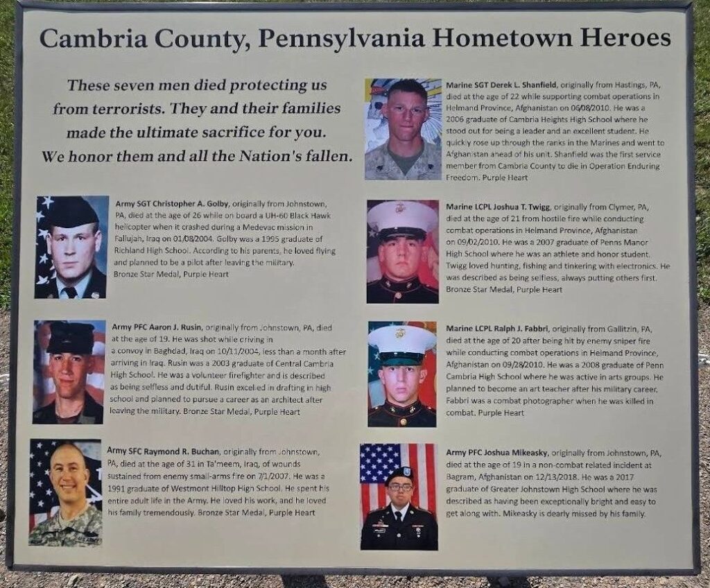 CAMBRIA COUNTY, PENNSYLVANIA HOMETOWN HEROES WAR MEMORIAL PLAQUE