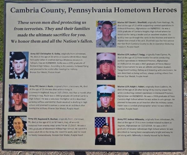 CAMBRIA COUNTY, PENNSYLVANIA HOMETOWN HEROES WAR MEMORIAL PLAQUE