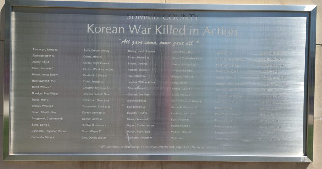 SUMMIT COUNTY KOREAN WAR KILLED IN ACTION MEMORIAL PLAQUE
