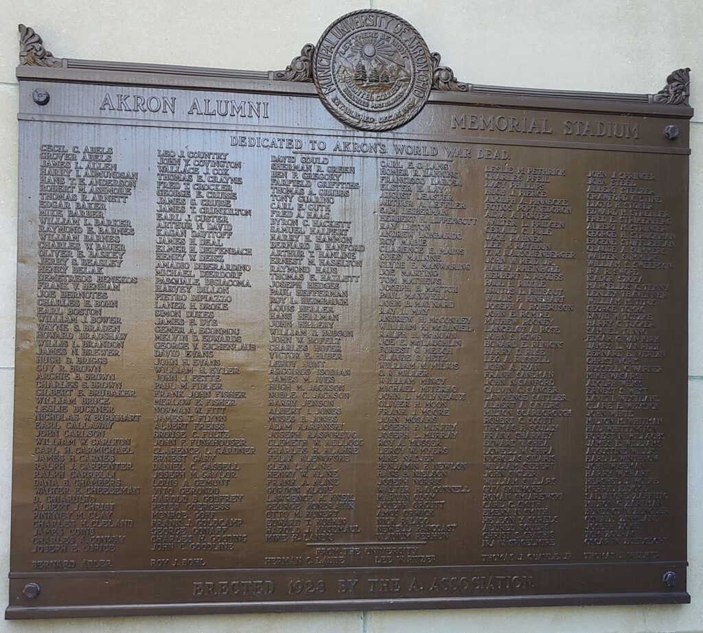 AKRON ALUMNI WORLD WAR MEMORIAL STADIUM PLAQUE