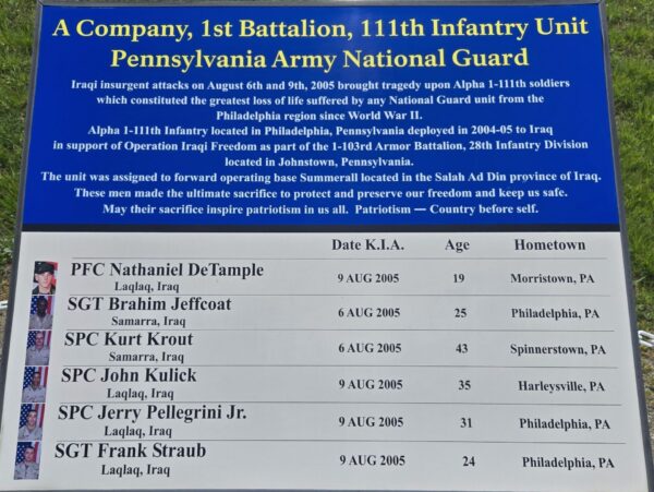 A COMPANY, 1ST BATTALION, 111TH INFANTRY UNIT PENNSYLVANIA ARMY NATIONAL GUARD MEMORIAL PLAQUE