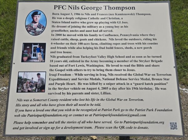 PFC NILS GEORGE THOMPSON WAR MEMORIAL PLAQUE