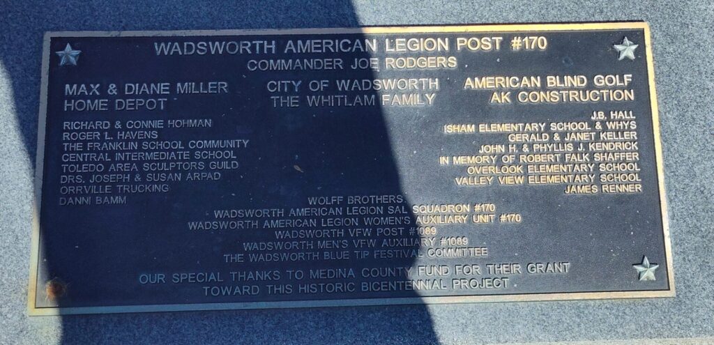 WADSWORTH AMEICAN LEGION POST #170 WAR VETERANS MEMORIAL PLAQUE F