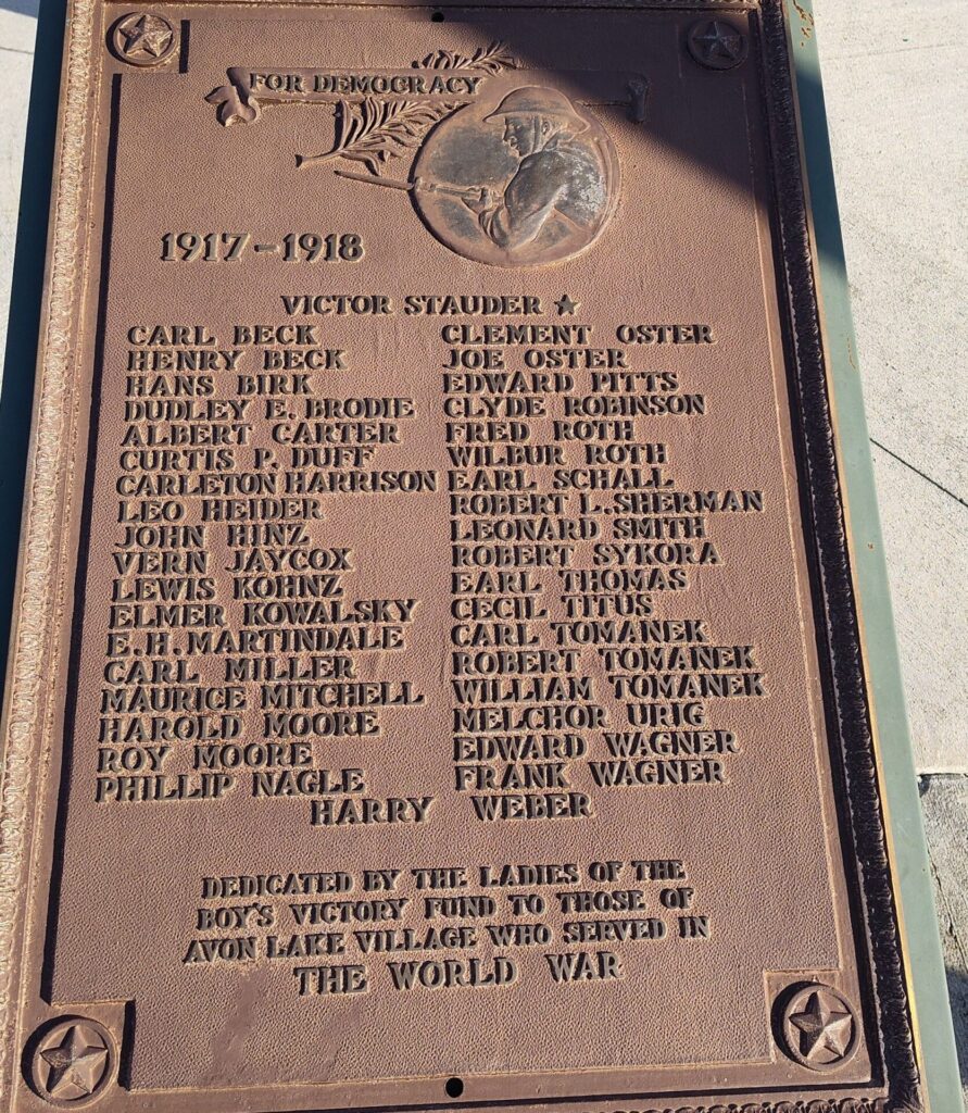 AVON LAKE VILLAGE WHO SERVED IN THE WORLD WAR MEMORIAL PLAQUE