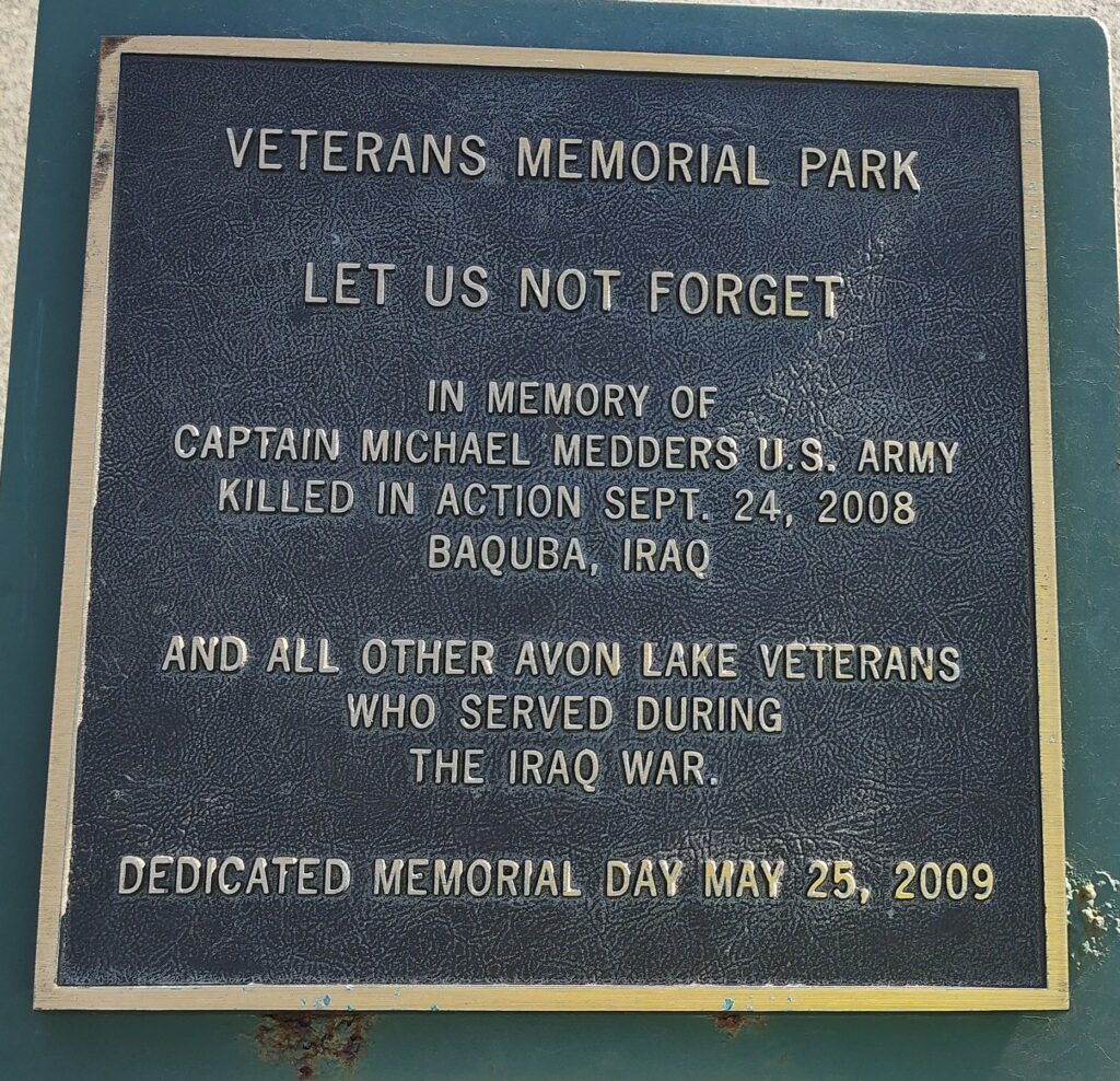 CAPTAIN MICHAEL MEDDERS U.S. ARMY WAR MEMORIAL PLAQUE