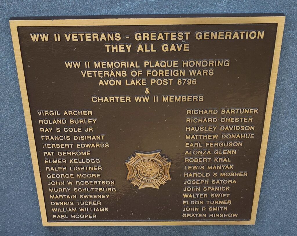 VFW AVON LAKE POST 8791 WW II MEMORIAL PLAQUE