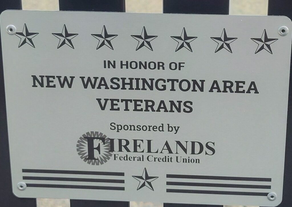 NEW WASHINGTON AREA VETERANS SPONSORED BY FIRELANDS WAR MEMORIAL PLAQUE
