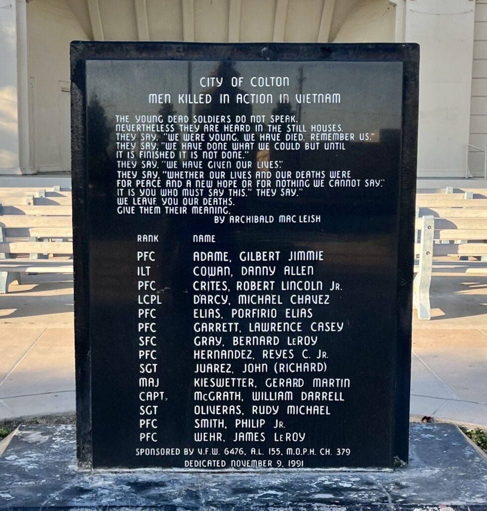CITY OF COLTON SUPREME SACRIFICE VIETNAM WAR MEMORIAL FRONT