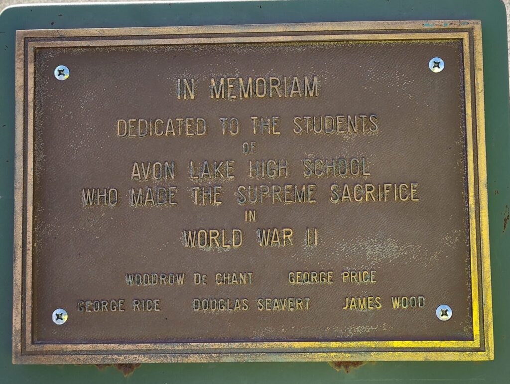 AVON LAKE HIGH SCHOOL SUPREME SACRIFICE WORLD WAR II MEMORIAL PLAQUE