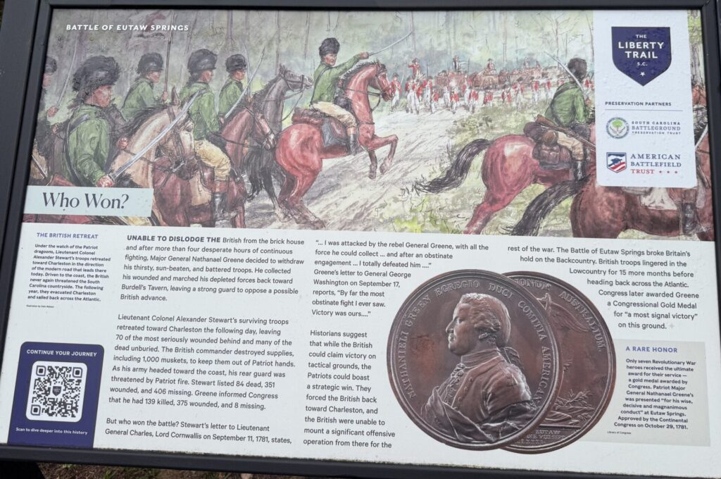 WHO WON? BATTLE OF EUTAW SPRINGS REVOLUTIONARY WAR MEMORIAL PANEL