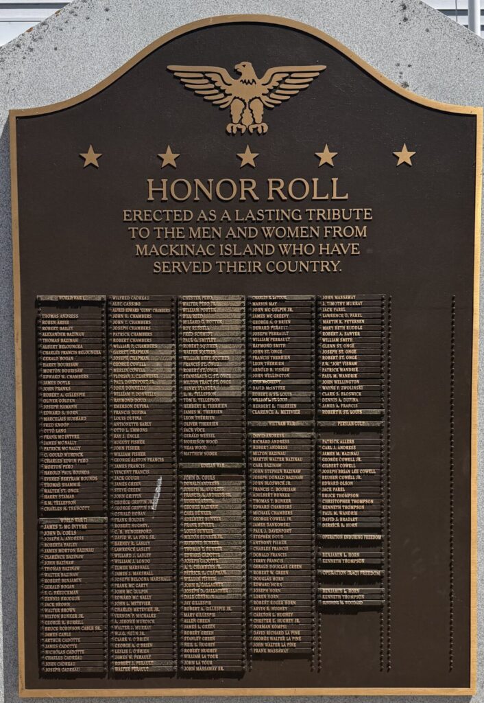 MACKINAC ISLAND WAR VETERANS HONOR ROLL MEMORIAL PLAQUE