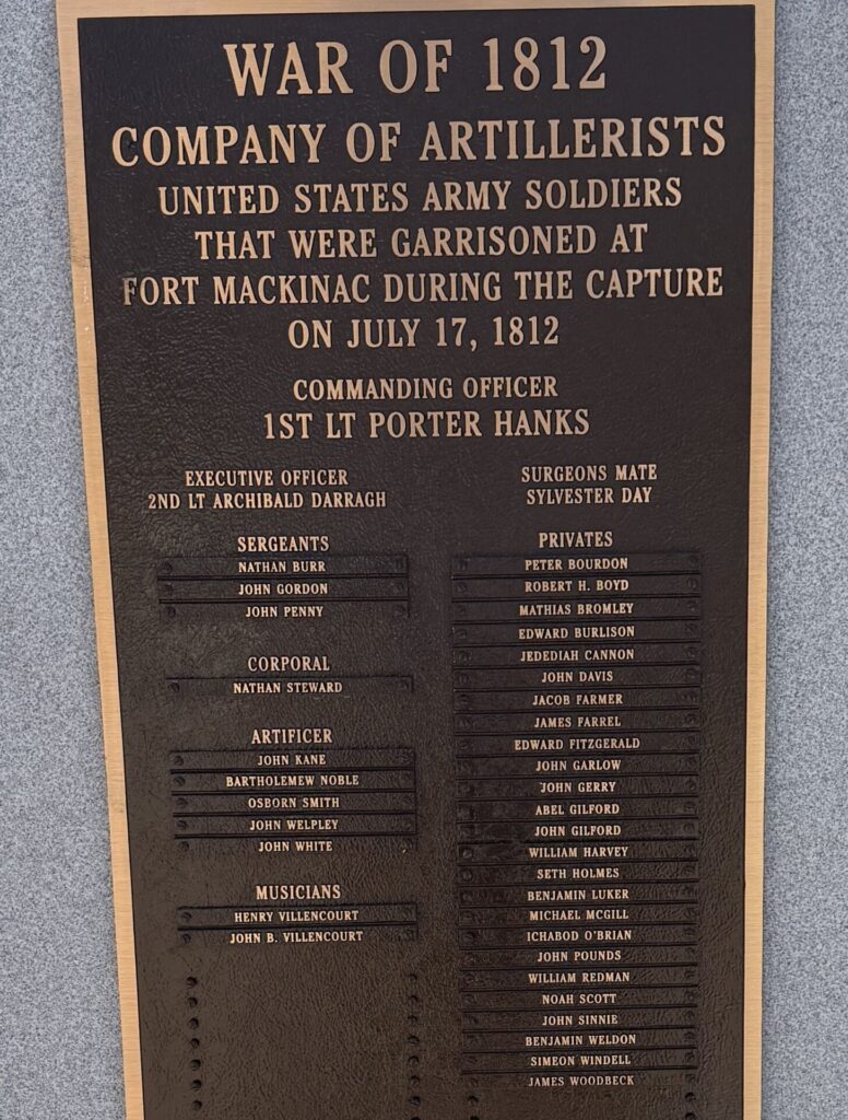 WAR OF 1812 FORT MACKINAC MEMORIAL PLAQUE