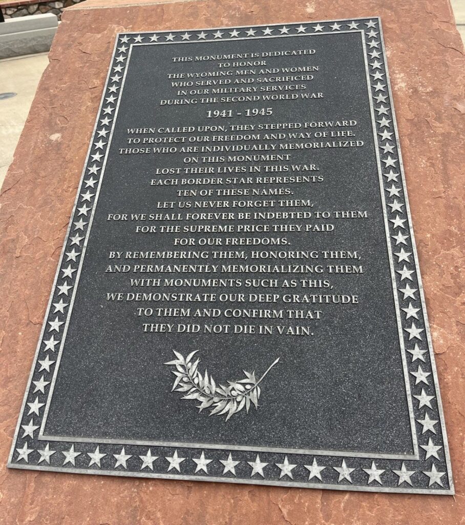 STATE OF WYOMING SECOND WORLD WAR VETERANS MEMORIAL PLAQUE