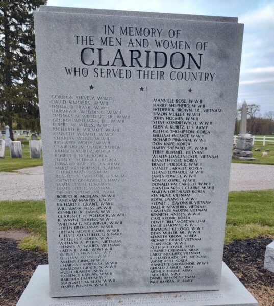 CLARIDON WAR VETERANS MEMORIAL CENTER STONE BACK
