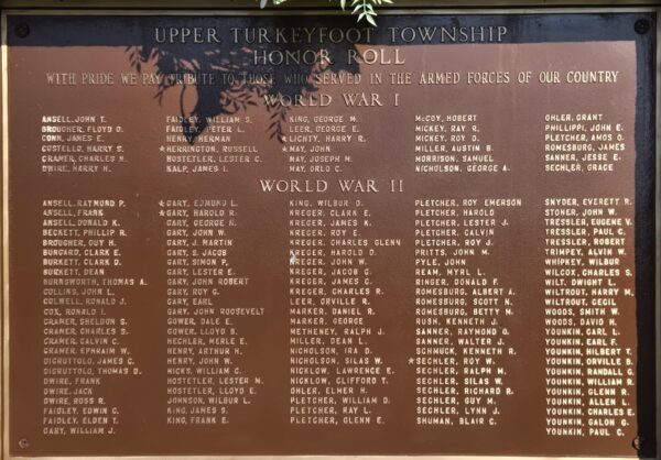 UPPER TURKEYFOOT TOWNSHIP HONOR ROLL WAR MEMORIAL PLAQUE