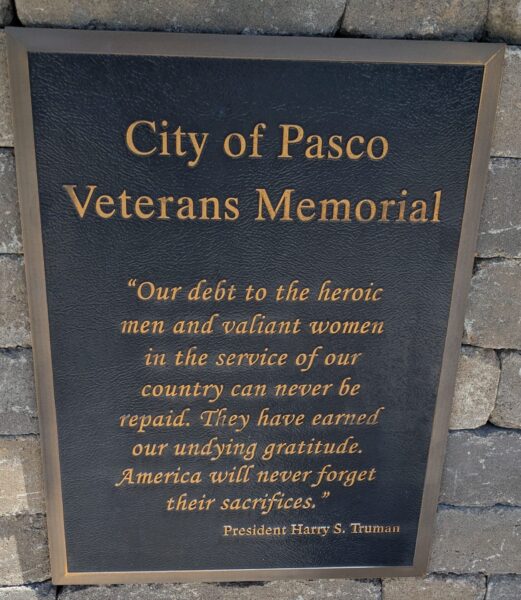 CITY OF PASCO VETERANS MEMORIAL PLAQUE A