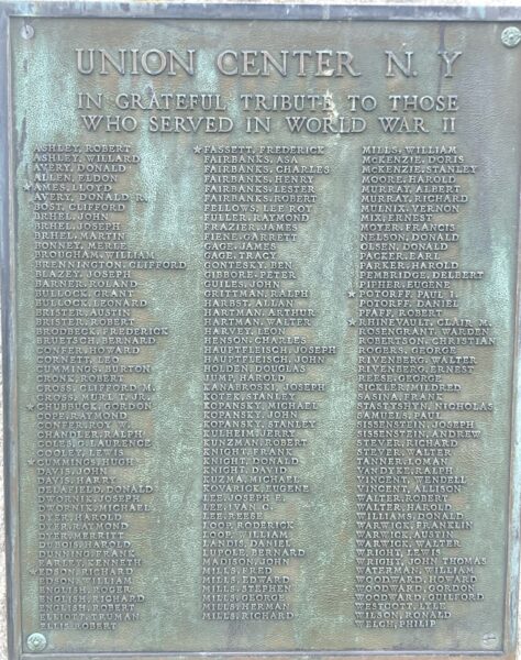 UNION CENTER N.Y. WORLD WAR II VETERANS MEMORIAL PLAQUE