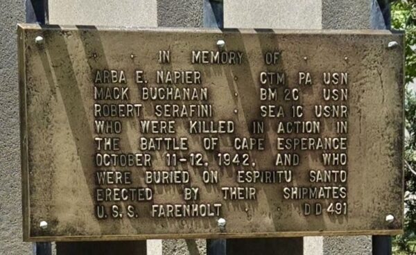 U.S.S. FARENHOLT MEMORIAL-BATTLE OF CAPE ESPERENCE OCTOBER 11-12, 1942 PLAQUE